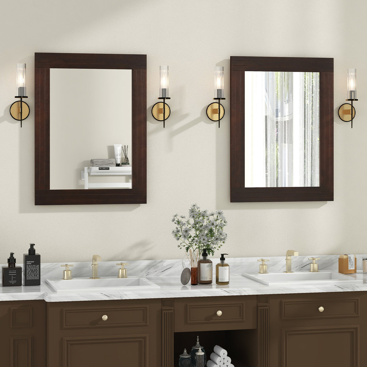 Wood Framed Wall Mirror for Bedroom Living Room Entryway - Brown Rustic Style