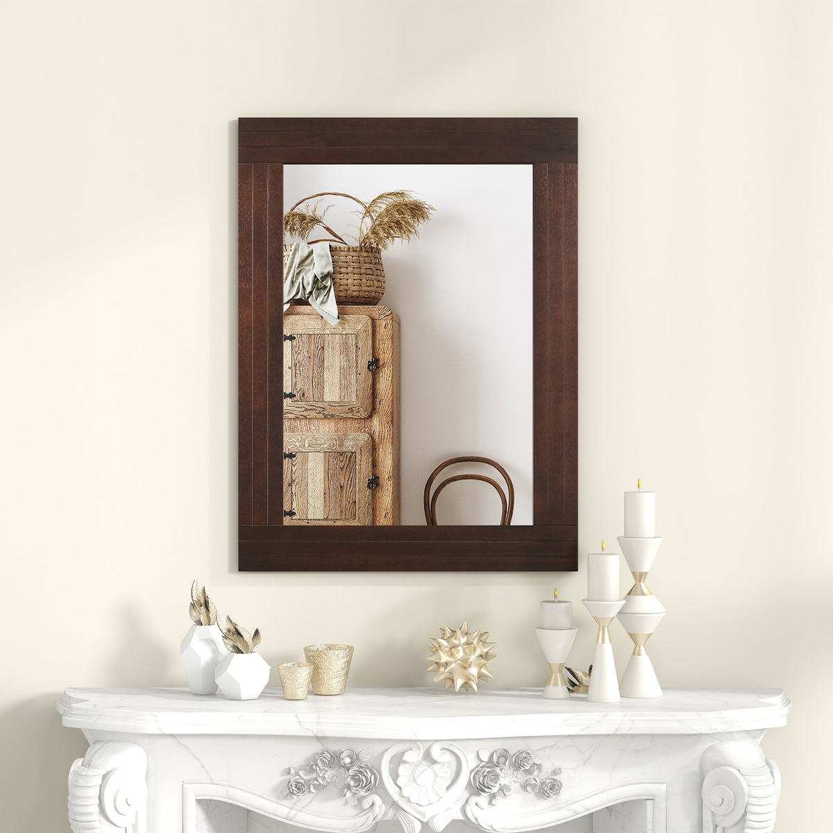 Wood Framed Wall Mirror for Bedroom Living Room Entryway - Brown Rustic Style