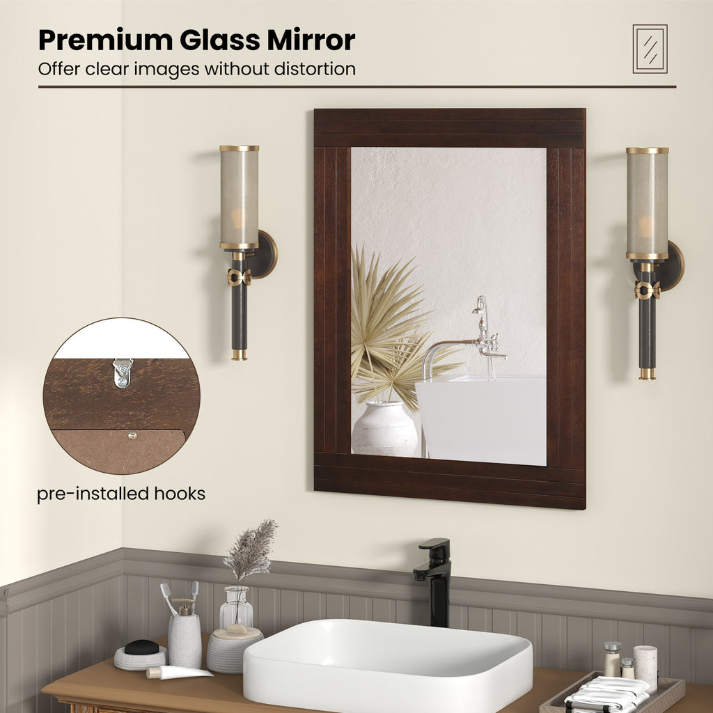 Wood Framed Wall Mirror for Bedroom Living Room Entryway - Brown Rustic Style