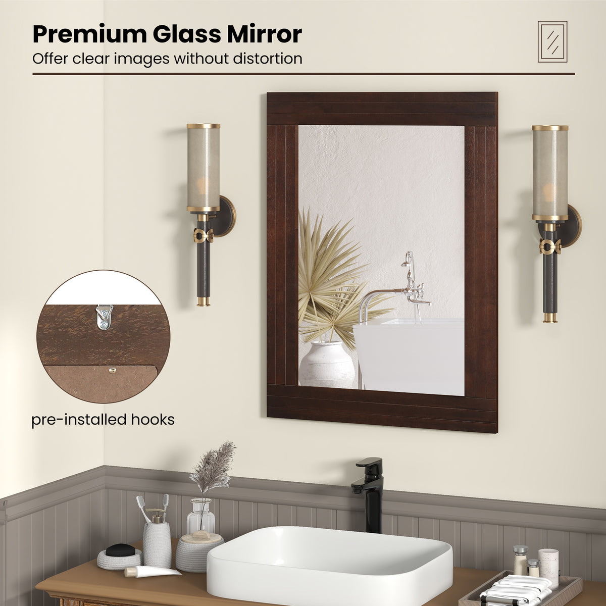 Wood Framed Wall Mirror for Bedroom Living Room Entryway - Brown Rustic Style