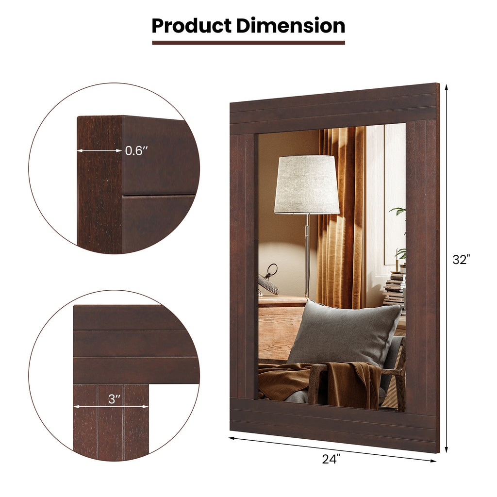 Wood Framed Wall Mirror for Bedroom Living Room Entryway - Brown Rustic Style