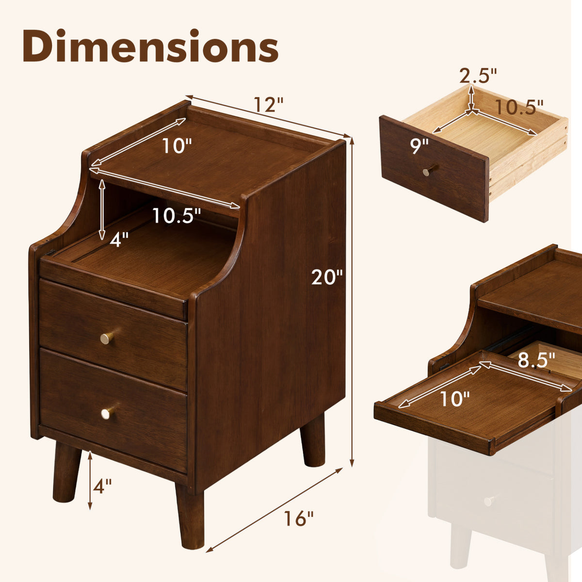 Wood Nightstand Set of 2 with Drawers - Brown