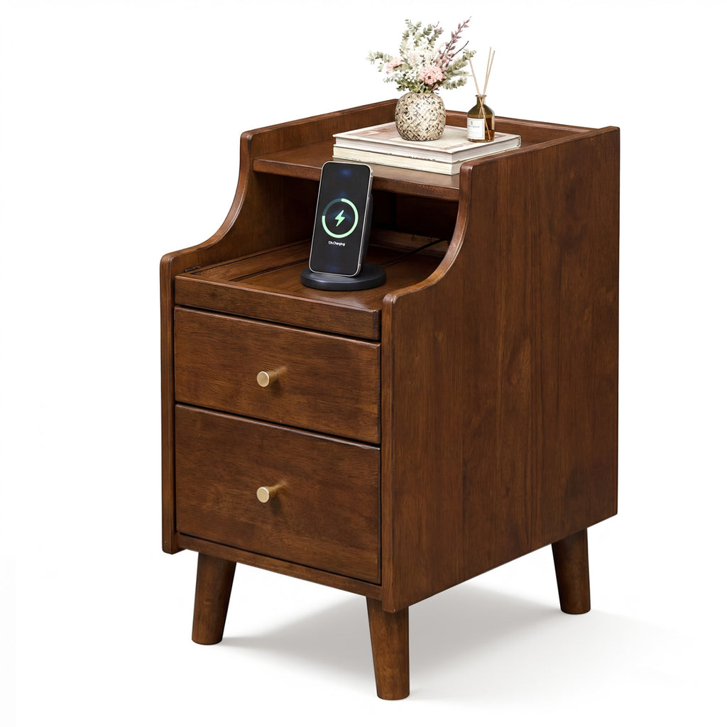 Brown Wood Nightstand with 2 Drawers and Cable Management - Set of 1