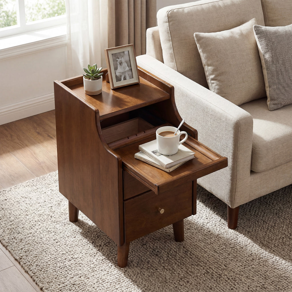 Brown Wood Nightstand with 2 Drawers and Cable Management - Set of 1