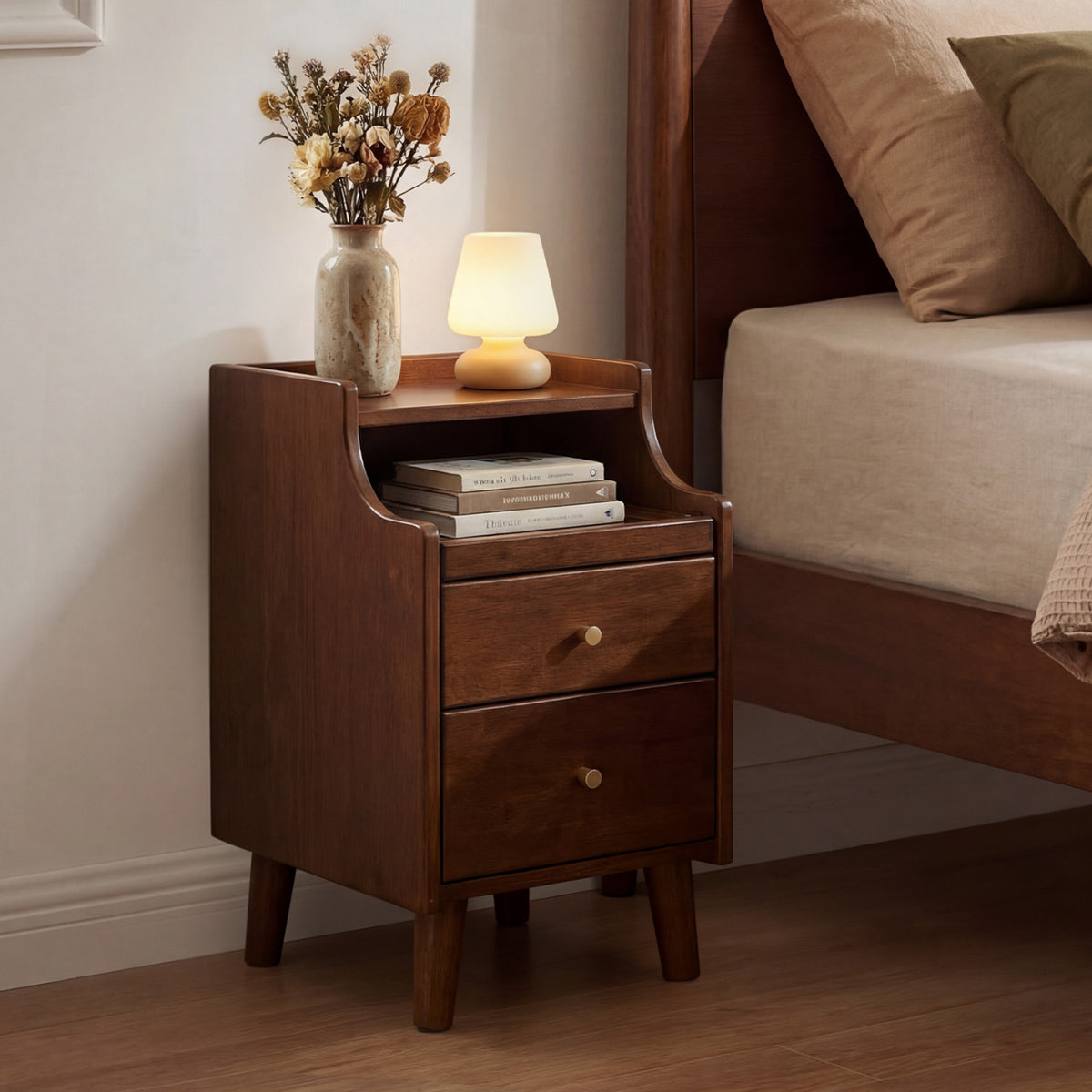 Brown Wood Nightstand with 2 Drawers and Cable Management - Set of 1