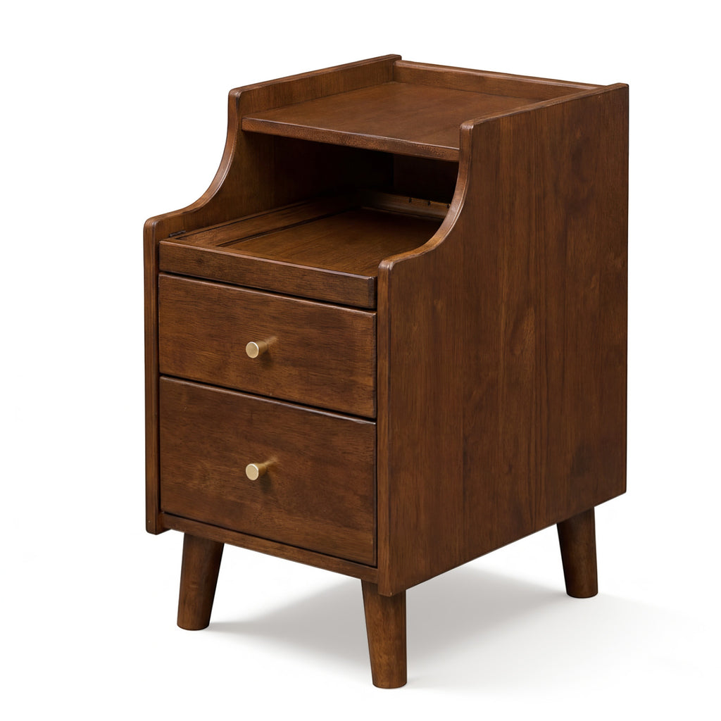 Brown Wood Nightstand with 2 Drawers and Cable Management - Set of 1