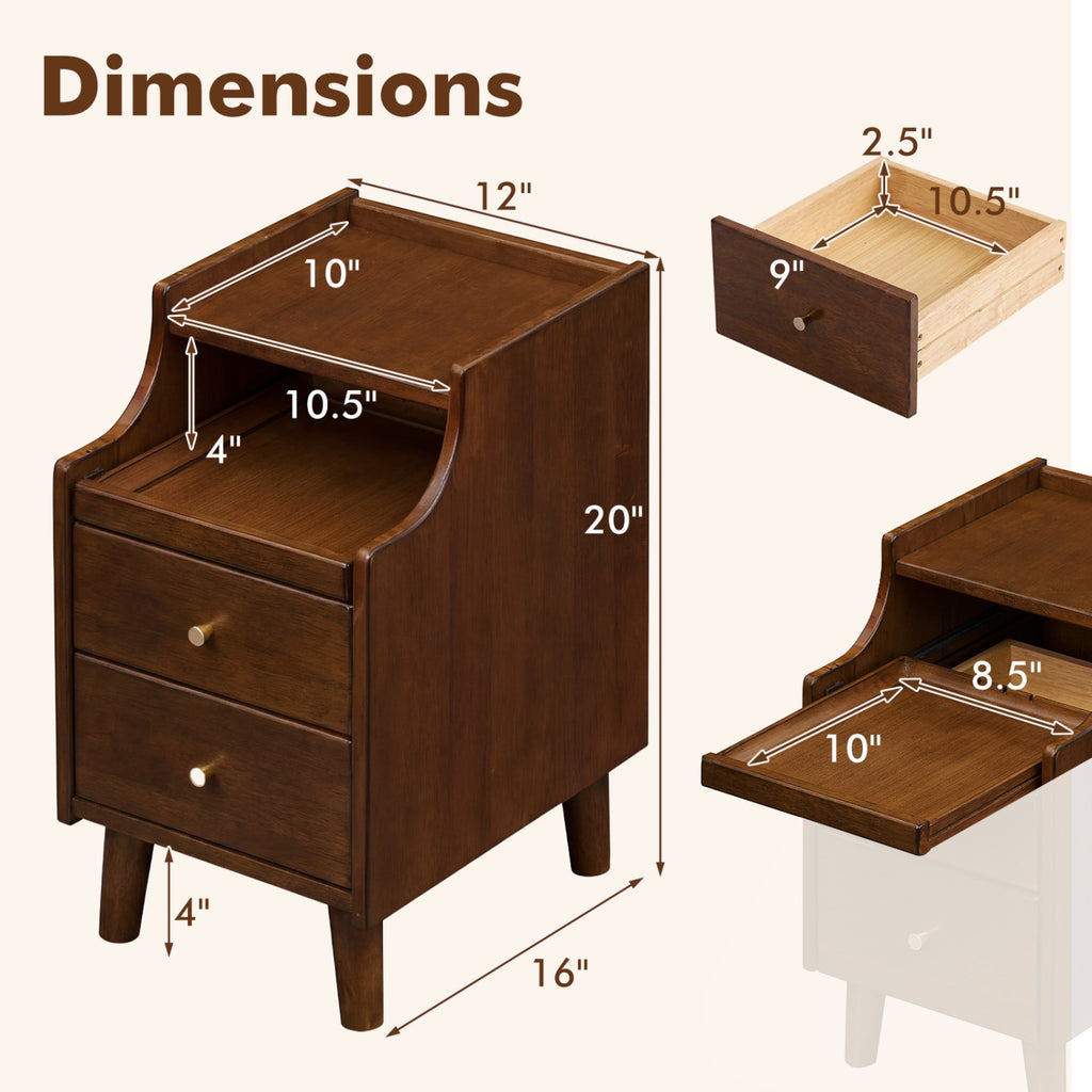 Brown Wood Nightstand with 2 Drawers and Cable Management - Set of 1