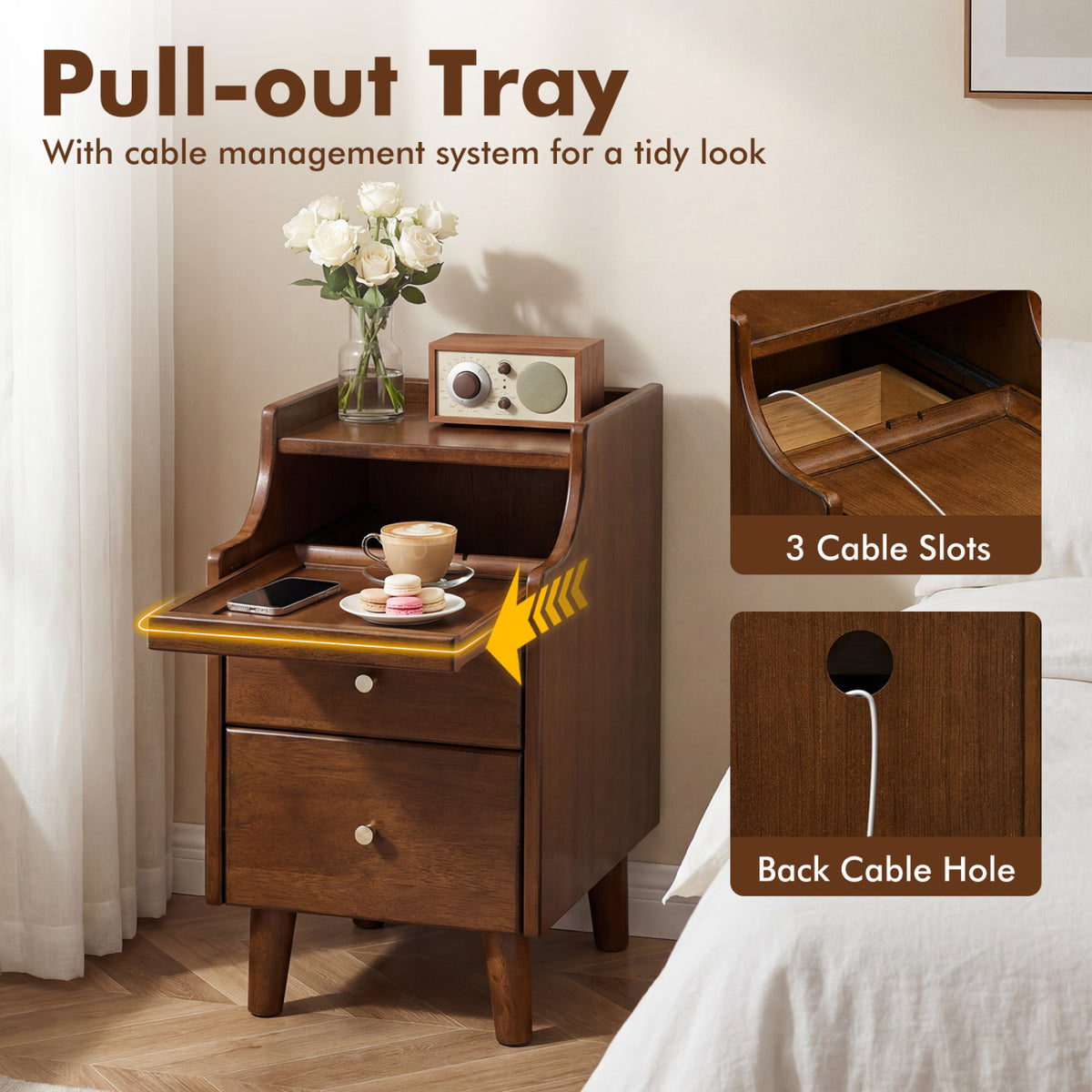 Brown Wood Nightstand with 2 Drawers and Cable Management - Set of 1