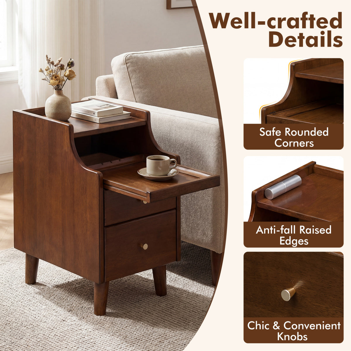 Brown Wood Nightstand with 2 Drawers and Cable Management - Set of 1