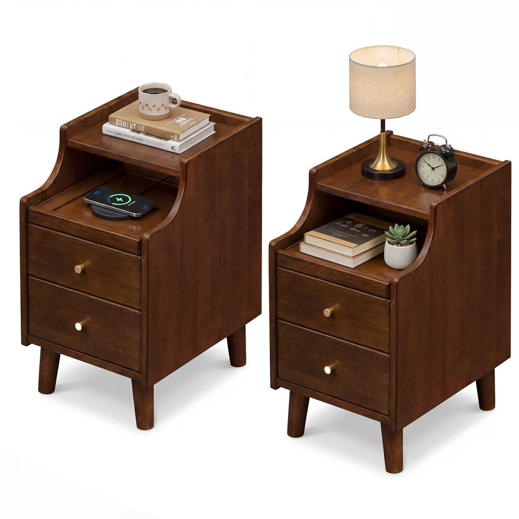 Wood Nightstand Set of 2 with Drawers - Brown