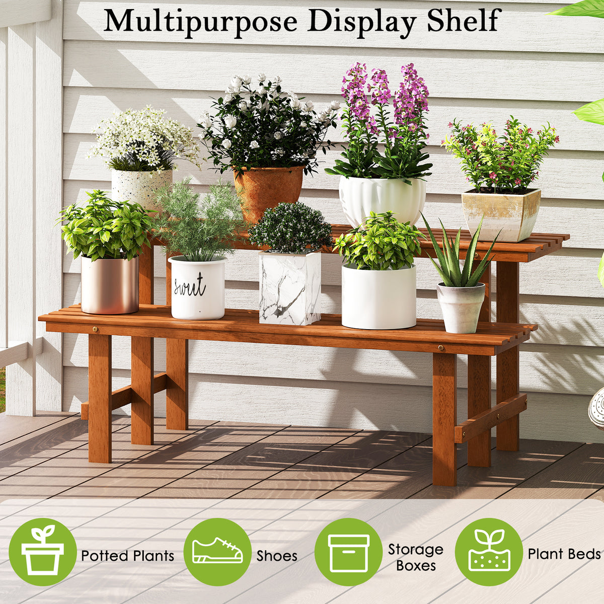 2-Tier Wood Plant Stand Ladder Shelf for Indoor Outdoor