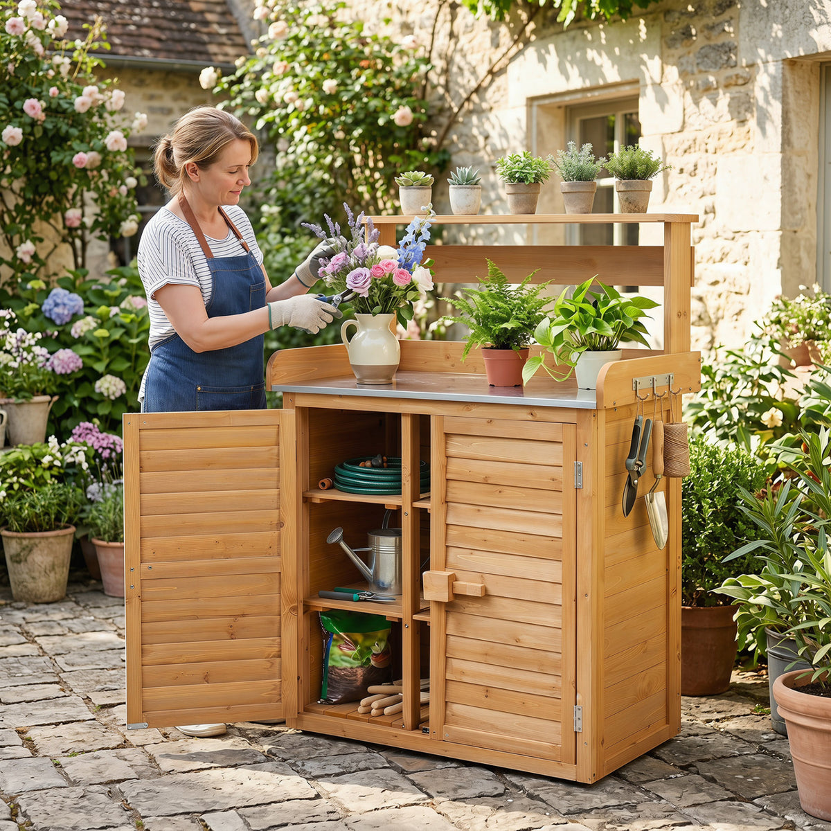 Wood Plant Workstation with Stainless Steel Tabletop and Removable