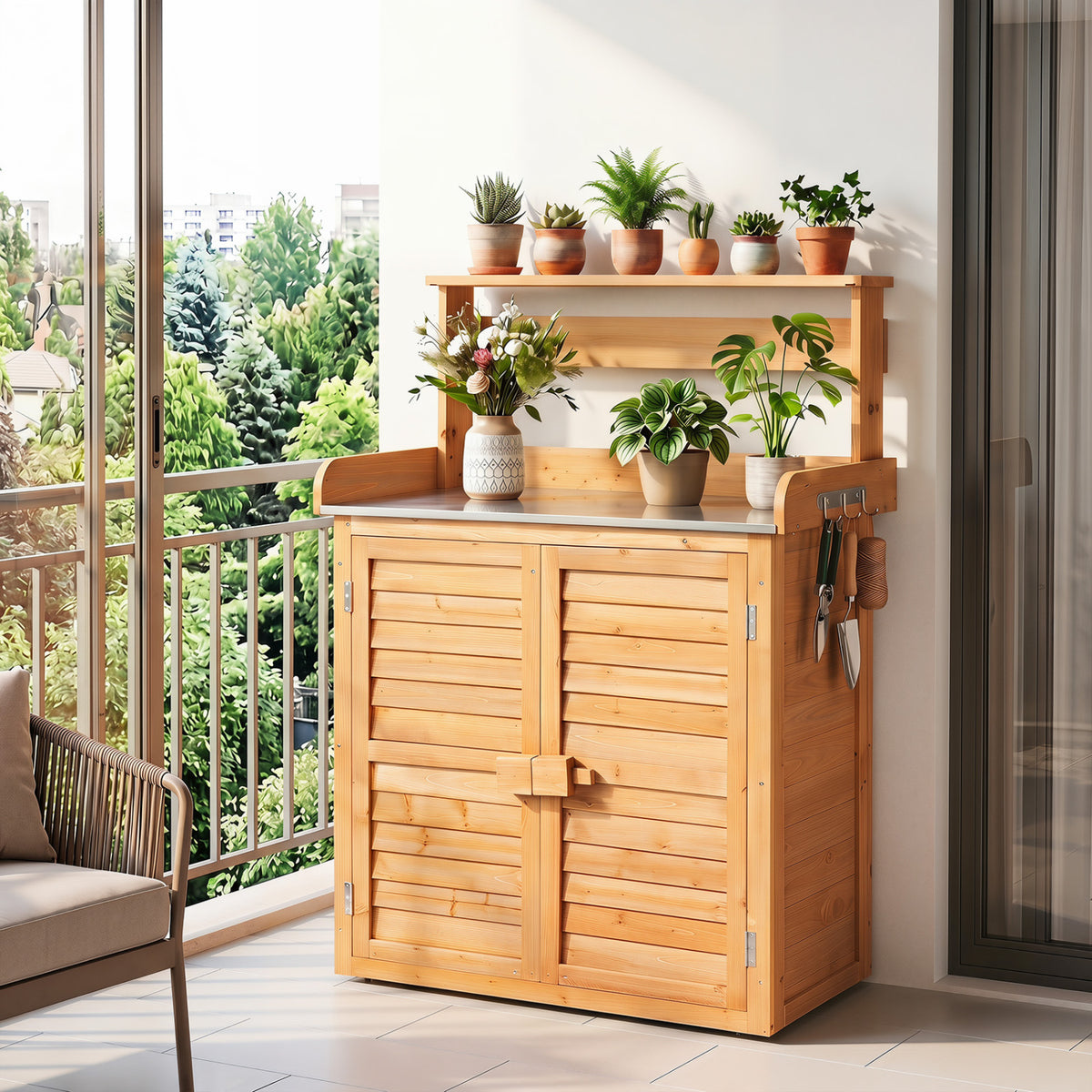 Wood Plant Workstation with Stainless Steel Tabletop and Removable