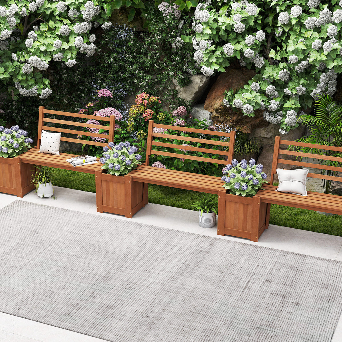 Outdoor Planter Bench with 2 Planter Boxes & Backrest - 36 inches