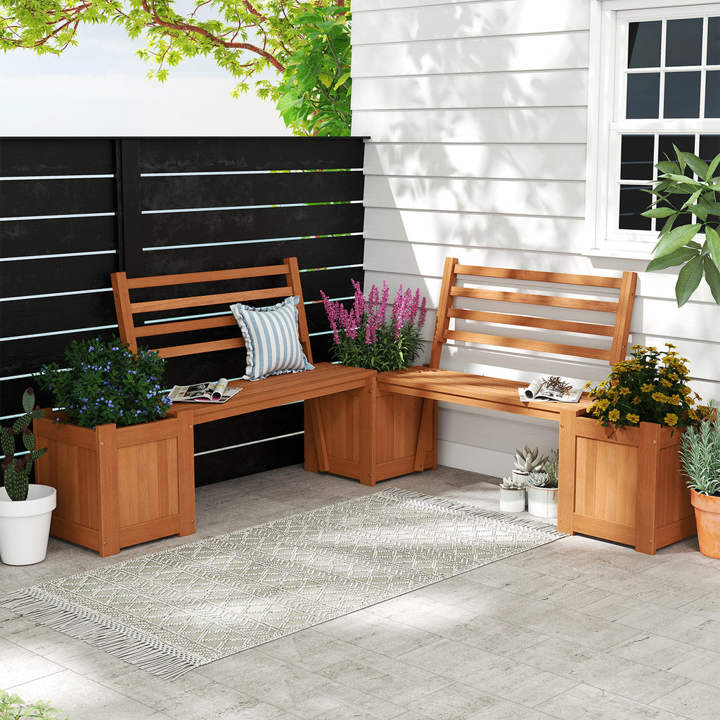 Outdoor Planter Box Wooden Bench Set with 2 Open-ended Boxes and Slat