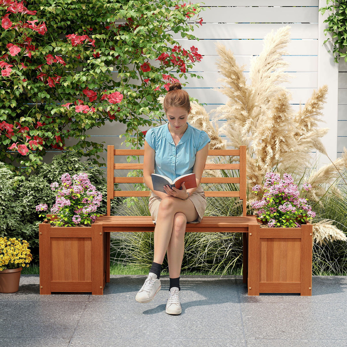 Outdoor Planter Bench with 2 Planter Boxes & Backrest - 36 inches