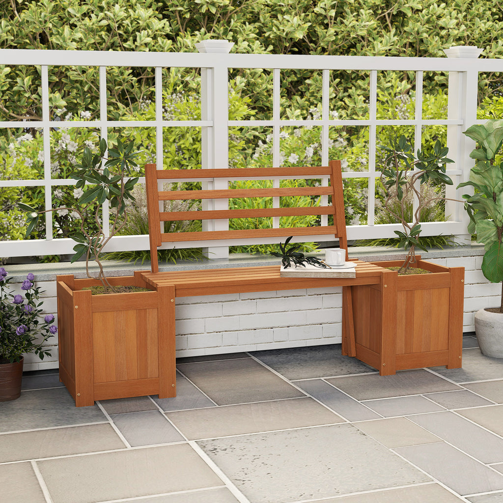 Outdoor Planter Box Wooden Bench Set with 2 Open-ended Boxes and Slat