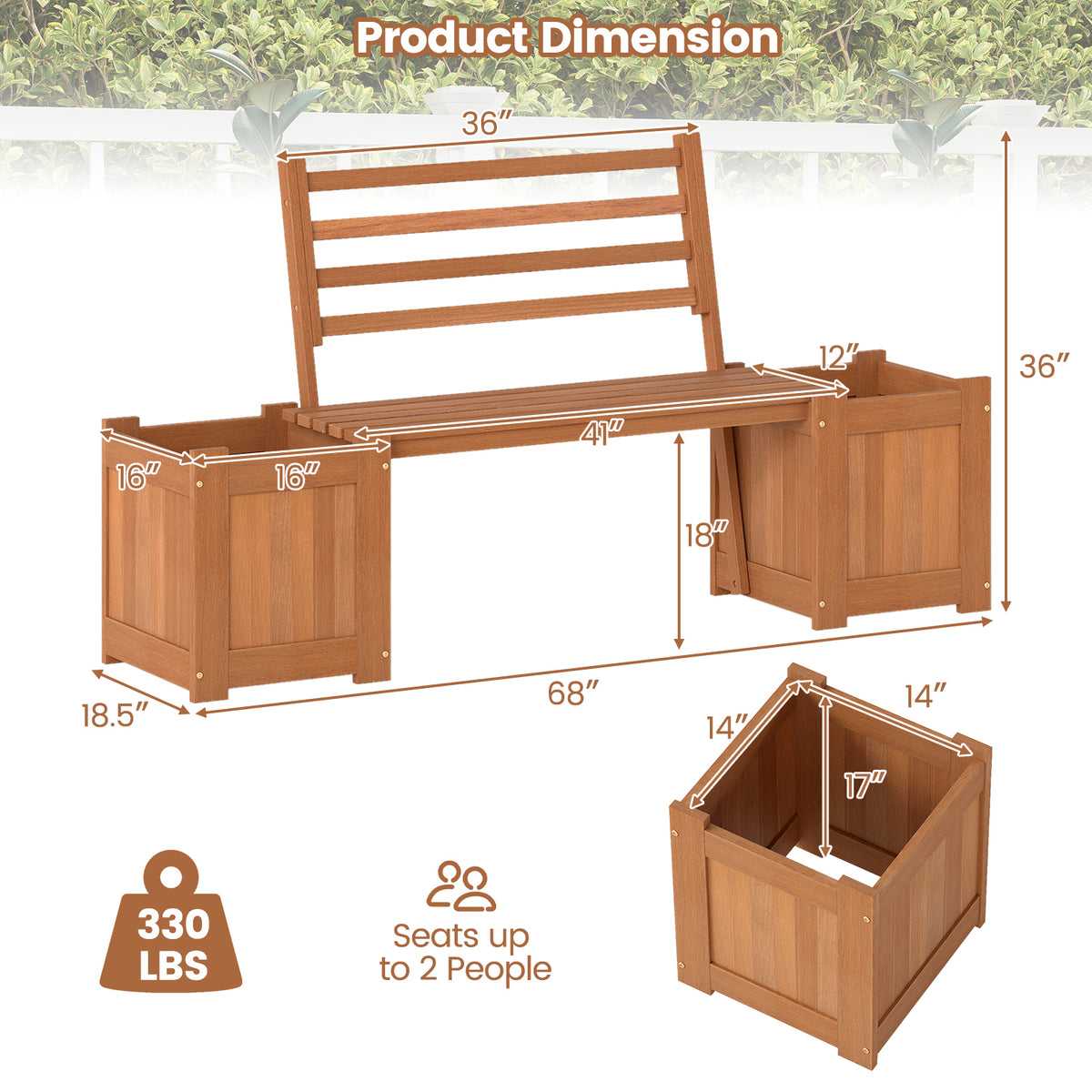 Outdoor Planter Bench with 2 Planter Boxes & Backrest - 36 inches