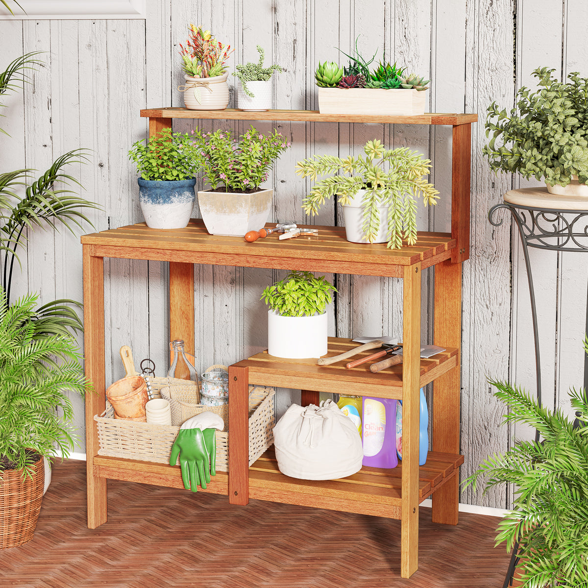 Wood Potting Bench with Shelves for Outdoor Gardening