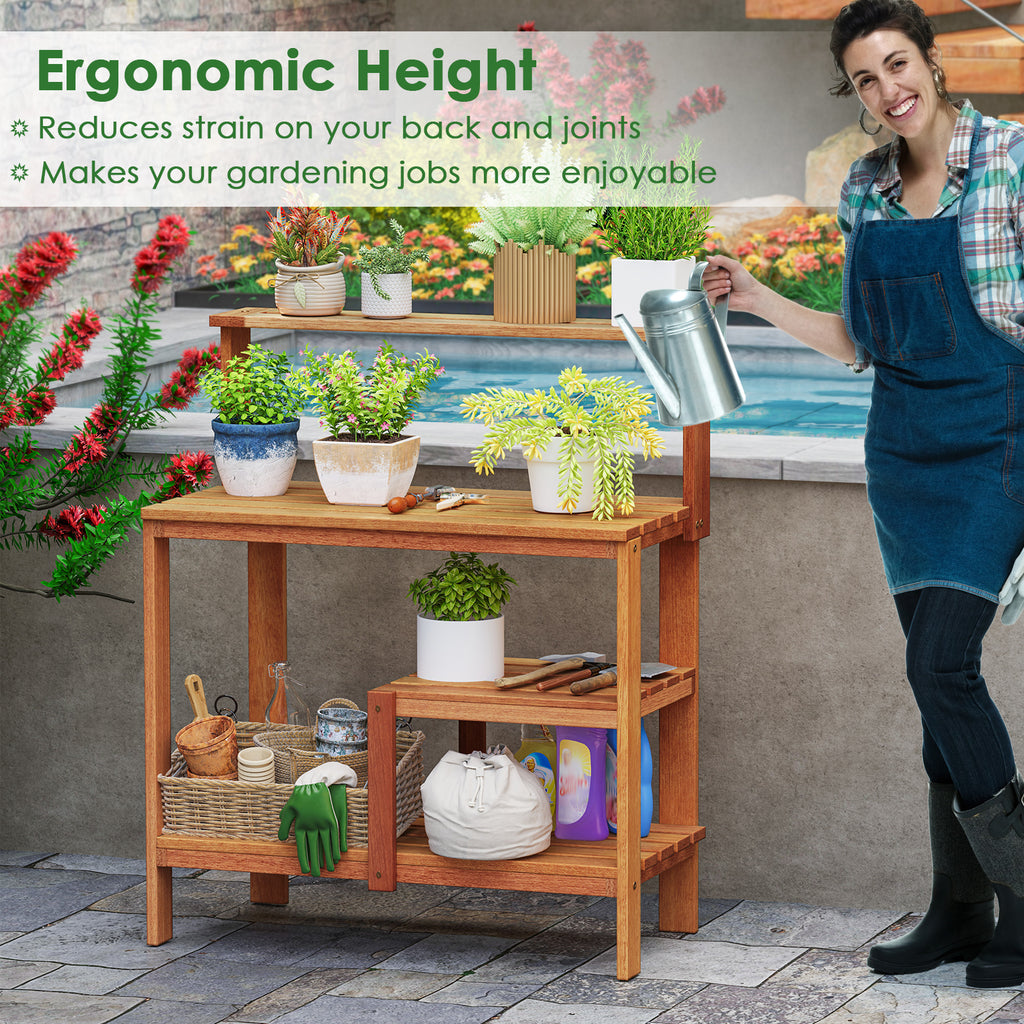 Wood Potting Bench with Shelves for Outdoor Gardening