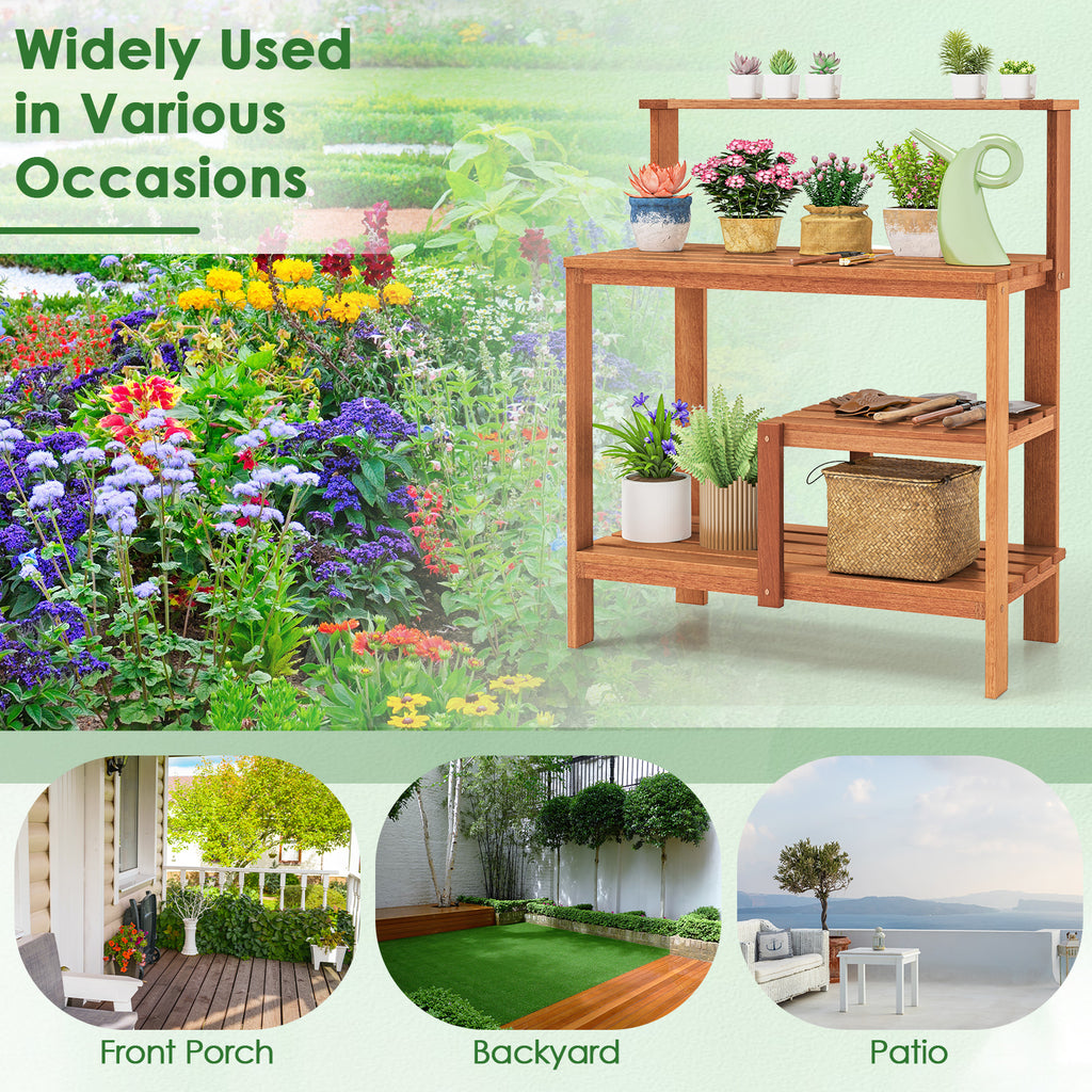 Wood Potting Bench with Shelves for Outdoor Gardening