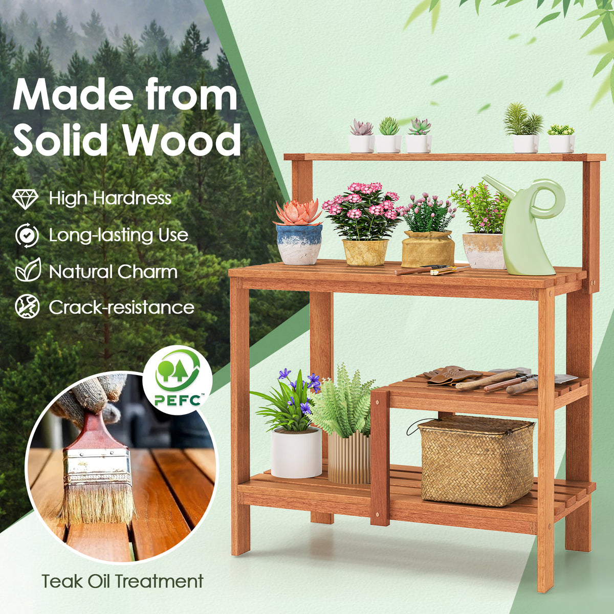 Wood Potting Bench with Shelves for Outdoor Gardening