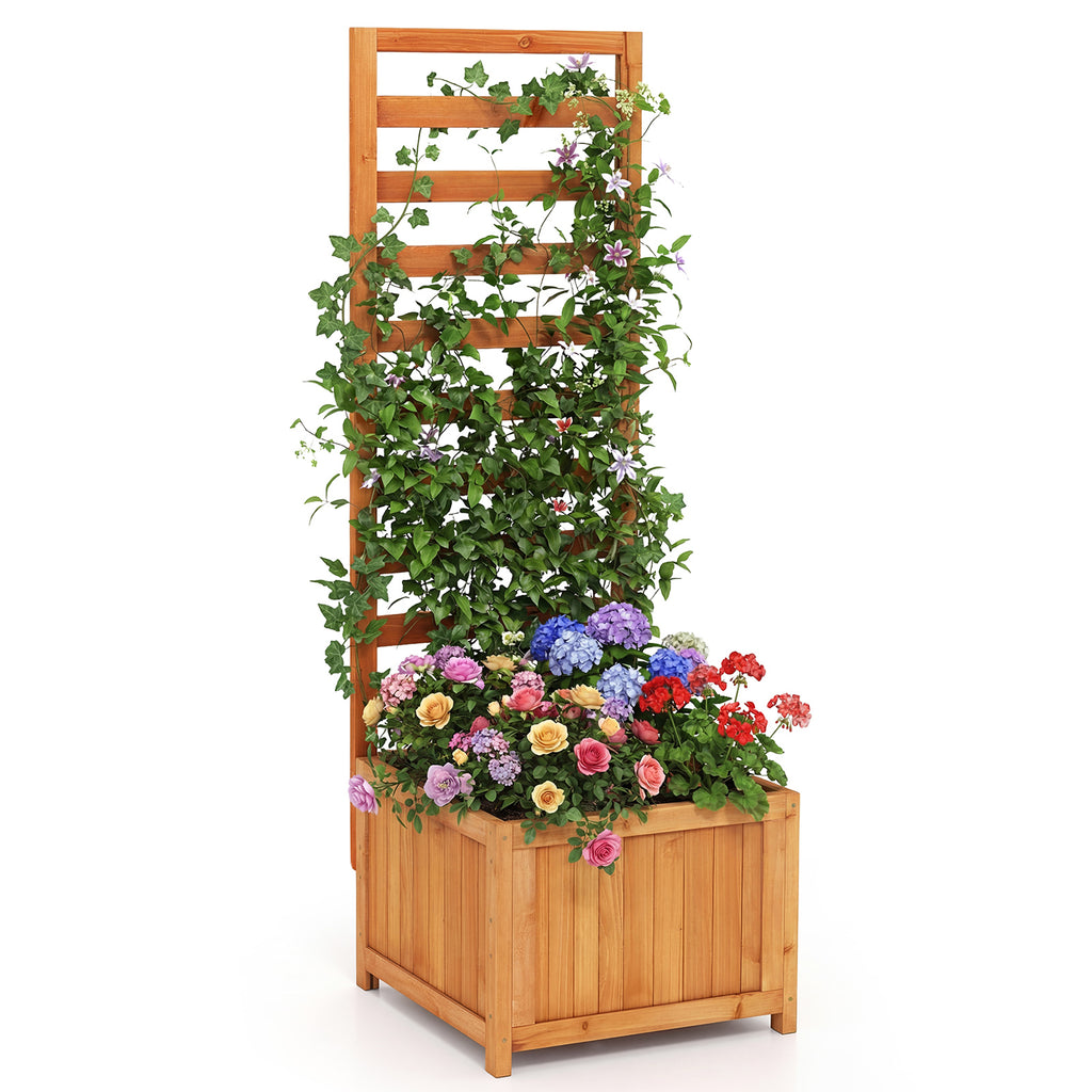 48 Inch Wood Raised Garden Bed with Trellis & Drainage Holes - Natural Slats