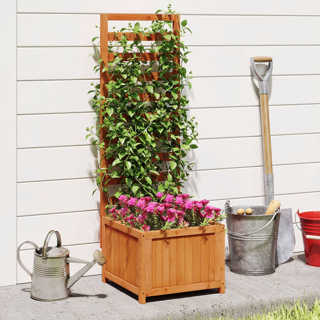 48 Inch Wood Raised Garden Bed with Trellis & Drainage Holes - Natural Slats