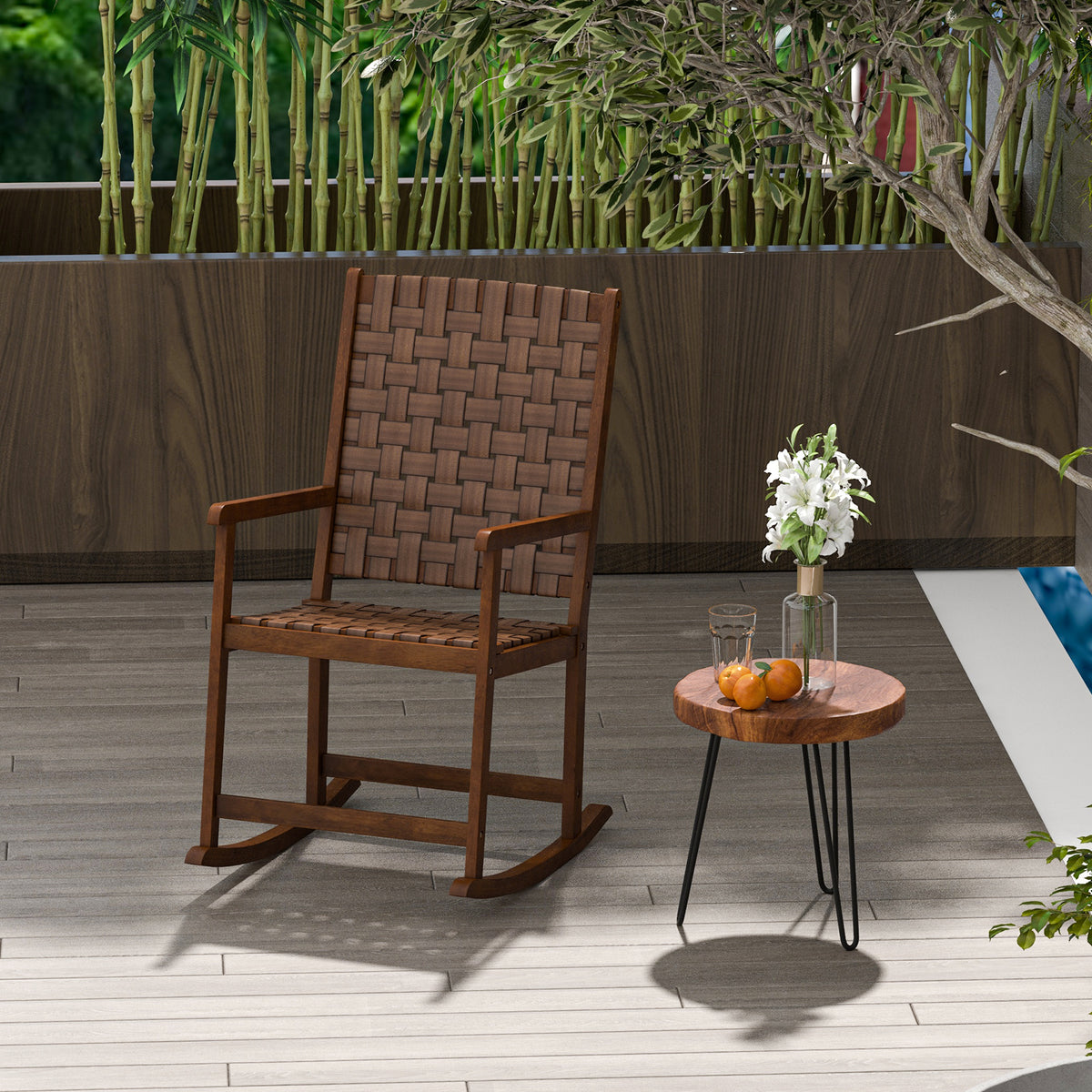 Patio Wood Rocking Chair with PU Seat - Brown