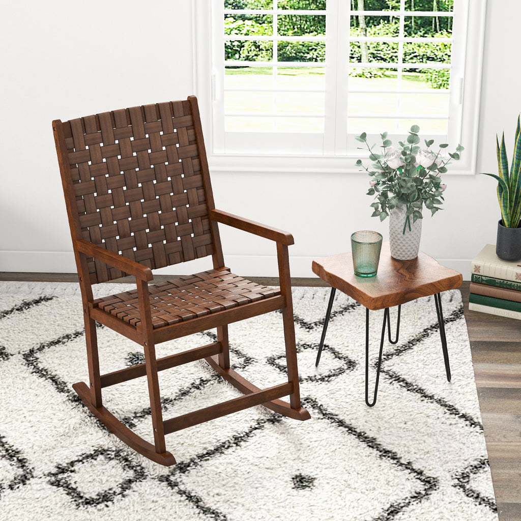 Patio Wood Rocking Chair with PU Seat - Brown