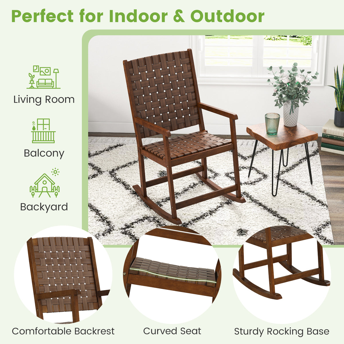 Patio Wood Rocking Chair with PU Seat - Brown