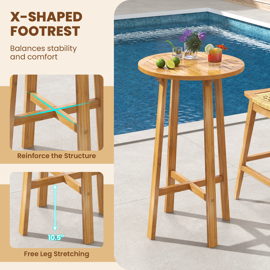 24 Inch Teak Wood Round Bar Table with Footrest