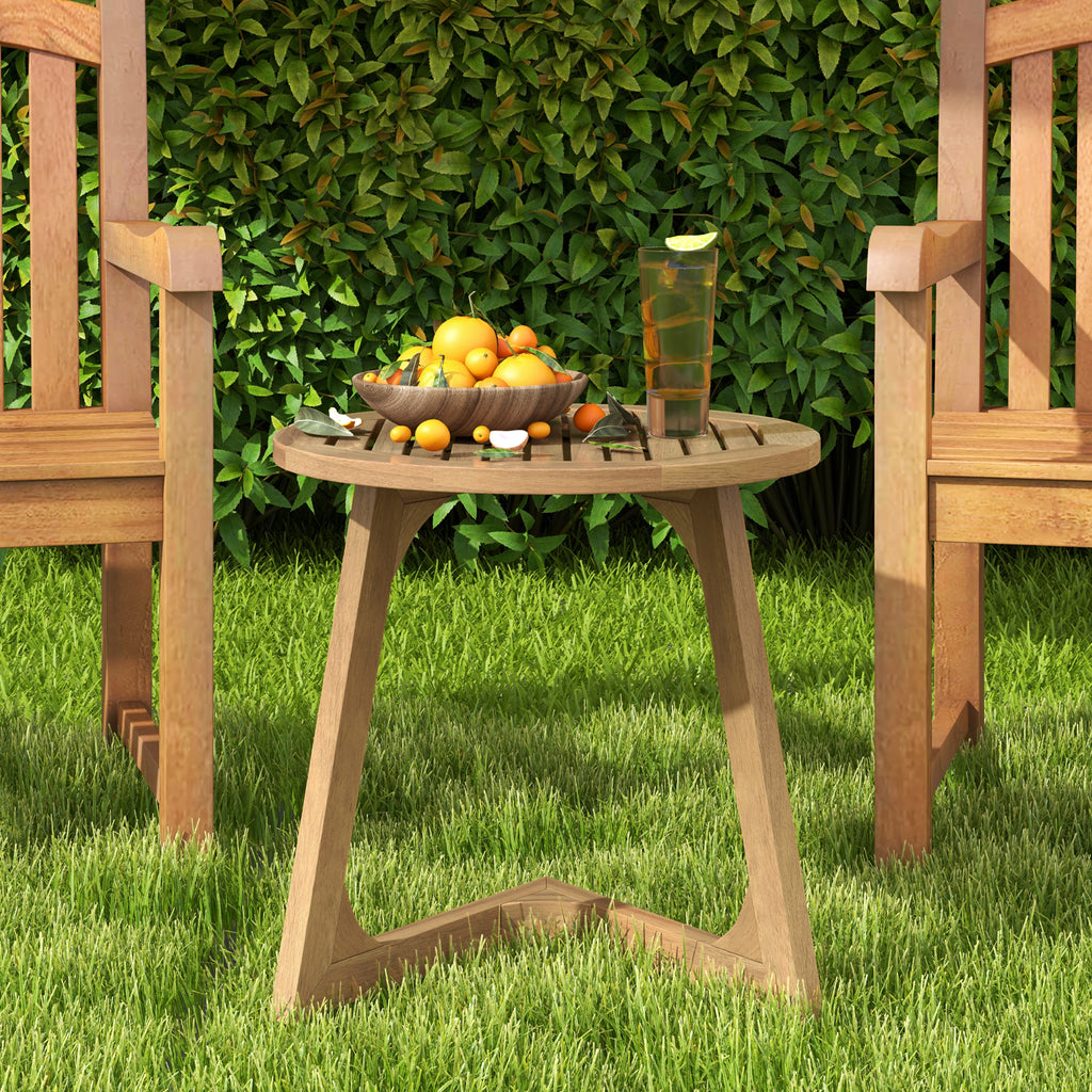 Teak Wood Round Side Table with Slatted Top - End Table