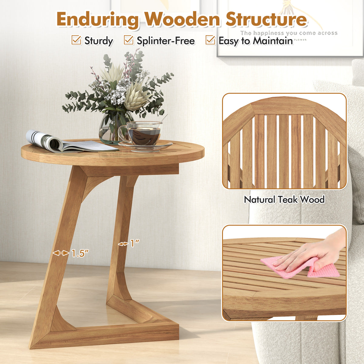 Teak Wood Round Side Table with Slatted Top - End Table