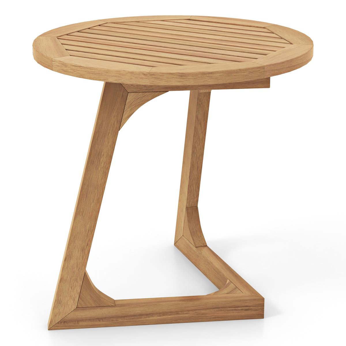 Teak Wood Round Side Table with Slatted Top - End Table