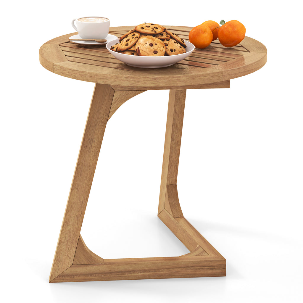 Teak Wood Round Side Table with Slatted Top - End Table