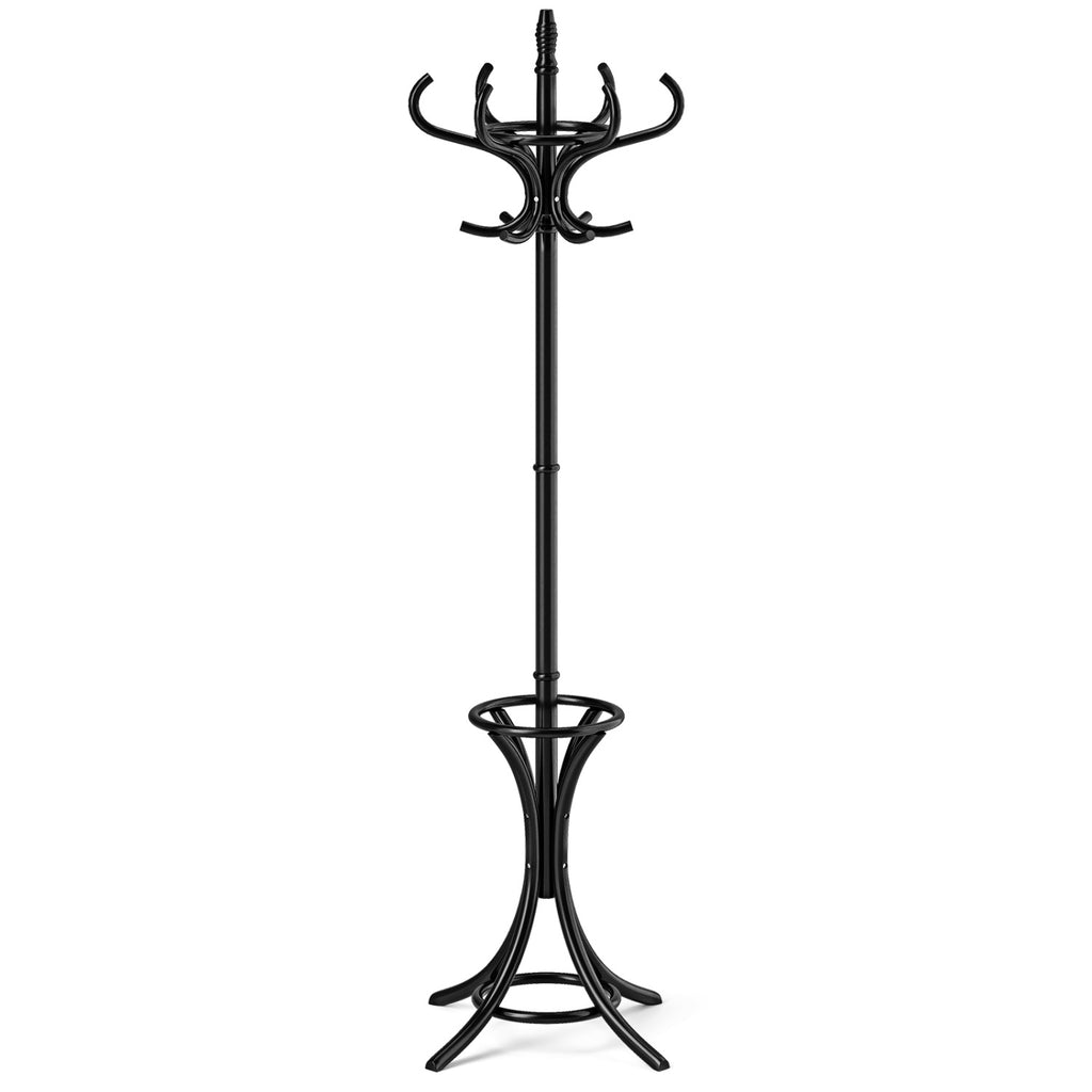 Wooden Coat Tree with 12 Hooks & Umbrella Stand - Black