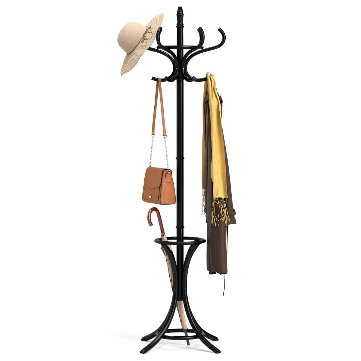 Wooden Coat Tree with 12 Hooks & Umbrella Stand - Black