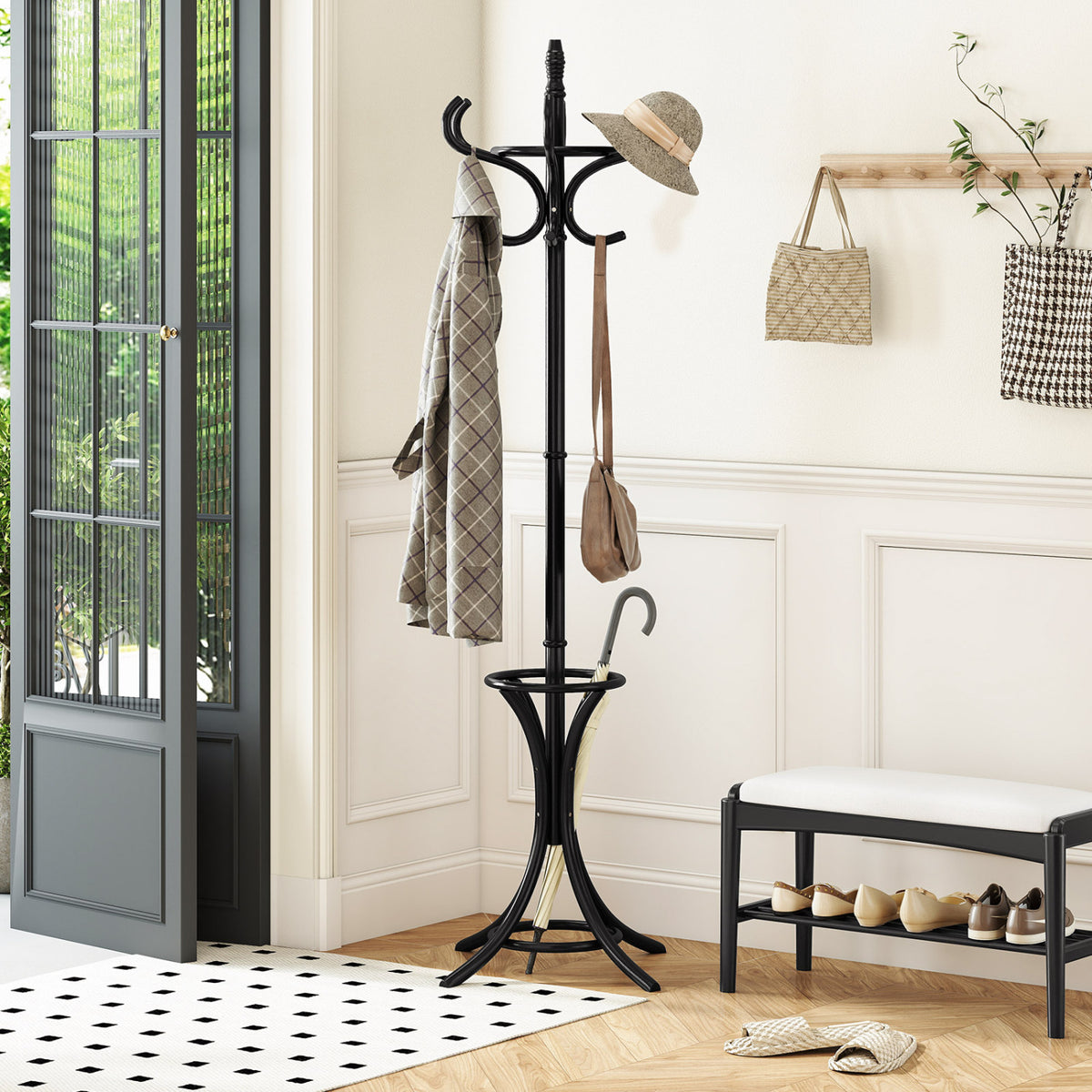 Wooden Coat Tree with 12 Hooks & Umbrella Stand - Black