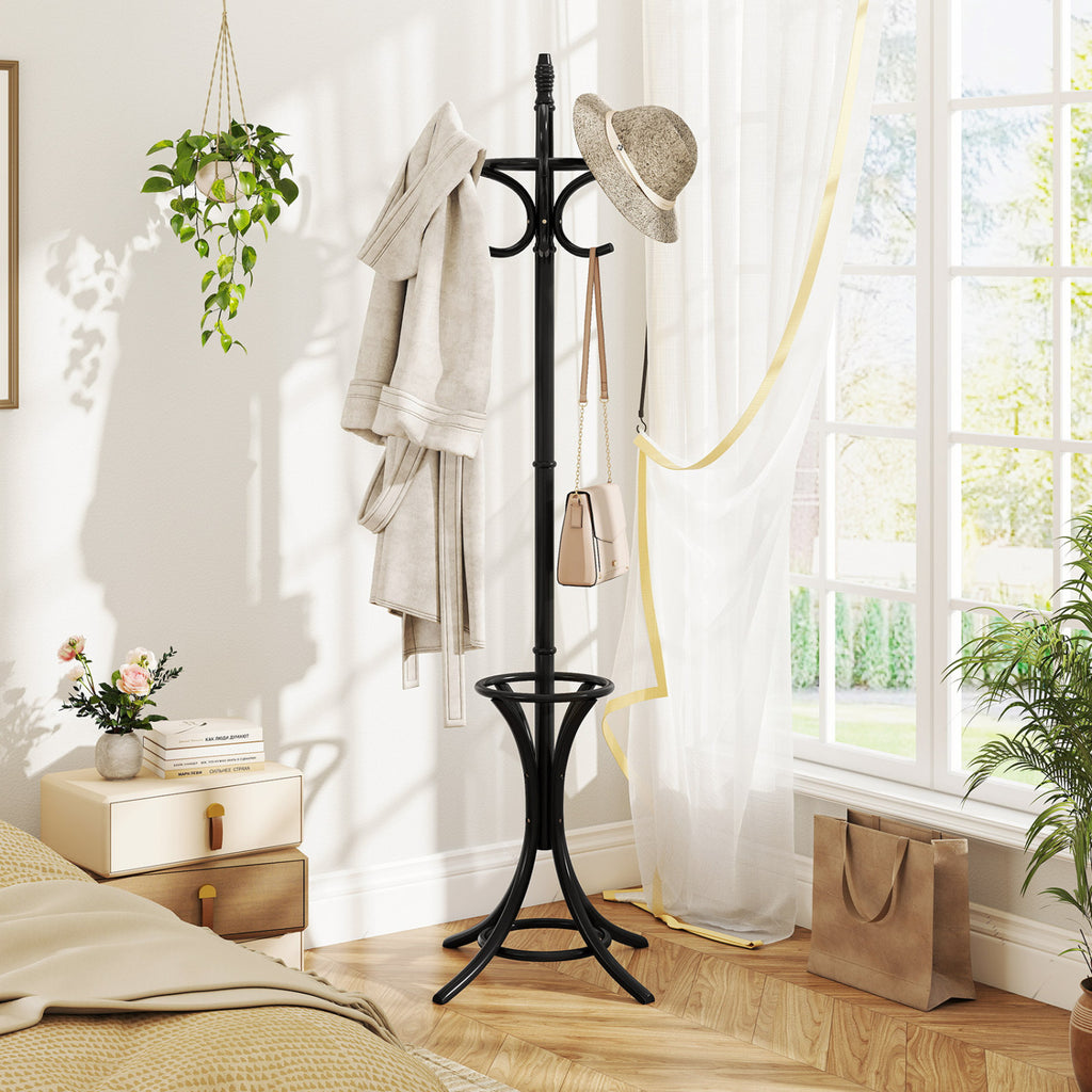 Wooden Coat Tree with 12 Hooks & Umbrella Stand - Black