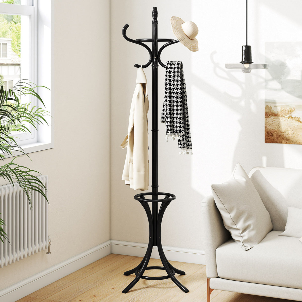Wooden Standing Coat Rack Tree with 12 Hooks and Umbrella Stand