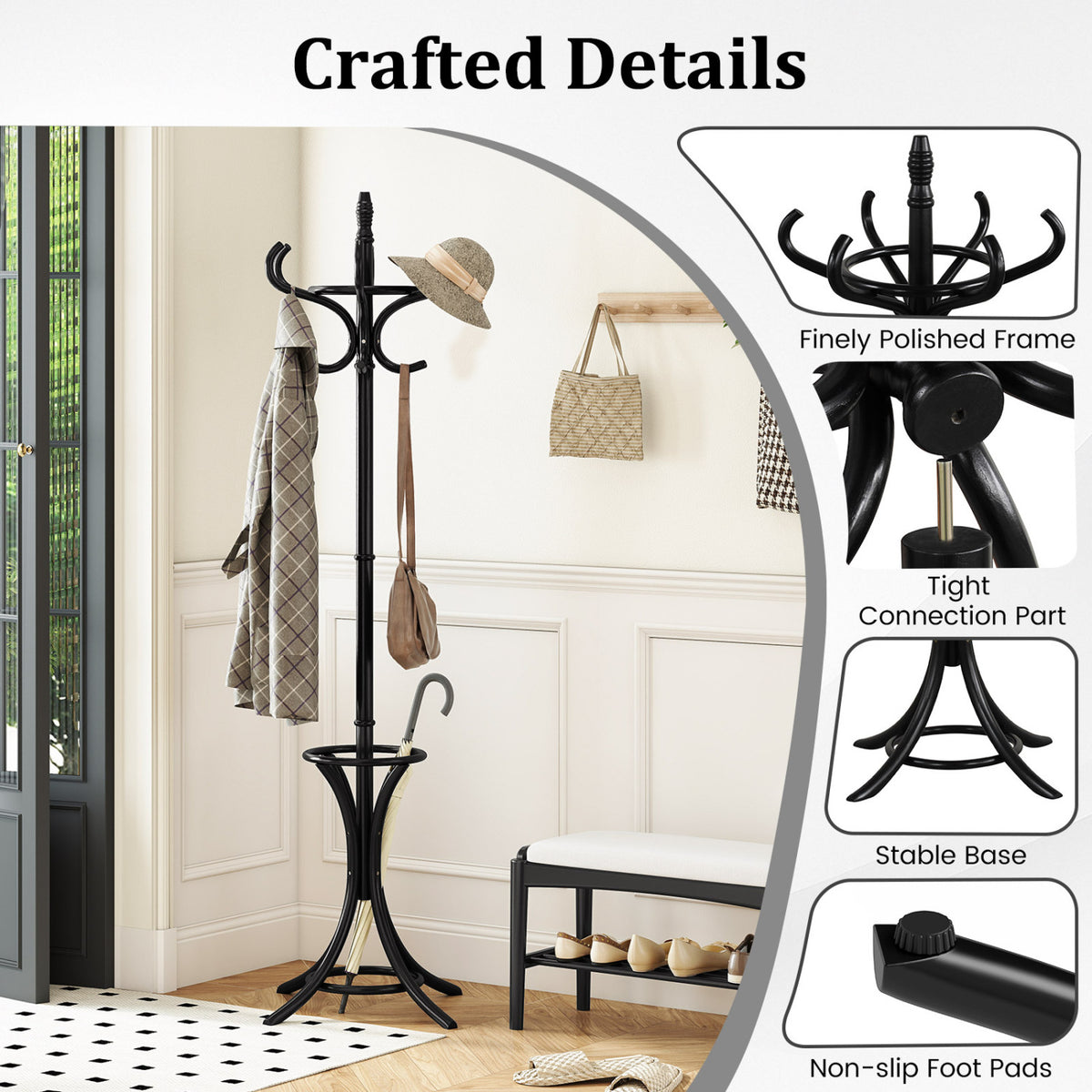 Wooden Coat Tree with 12 Hooks & Umbrella Stand - Black