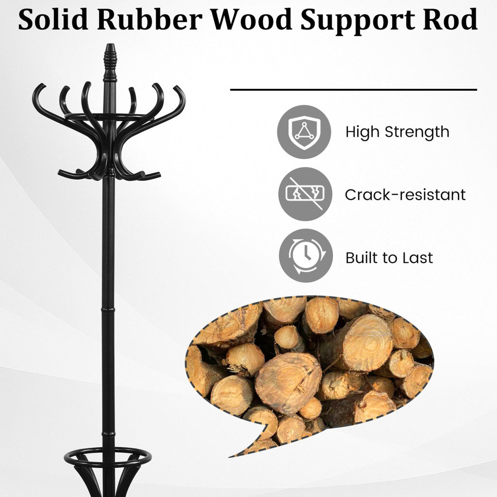 Wooden Coat Tree with 12 Hooks & Umbrella Stand - Black