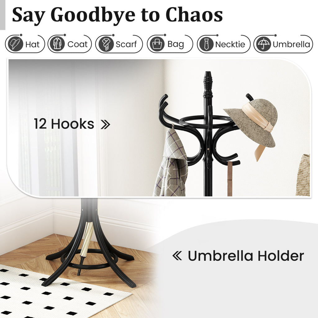 Wooden Coat Tree with 12 Hooks & Umbrella Stand - Black