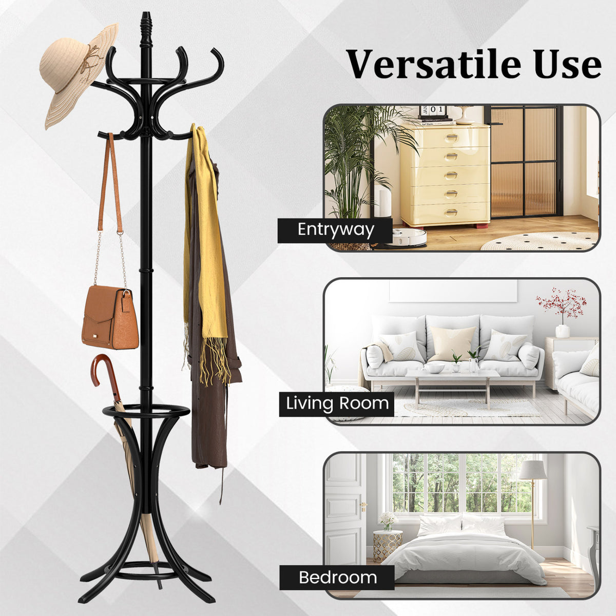 Wooden Coat Tree with 12 Hooks & Umbrella Stand - Black