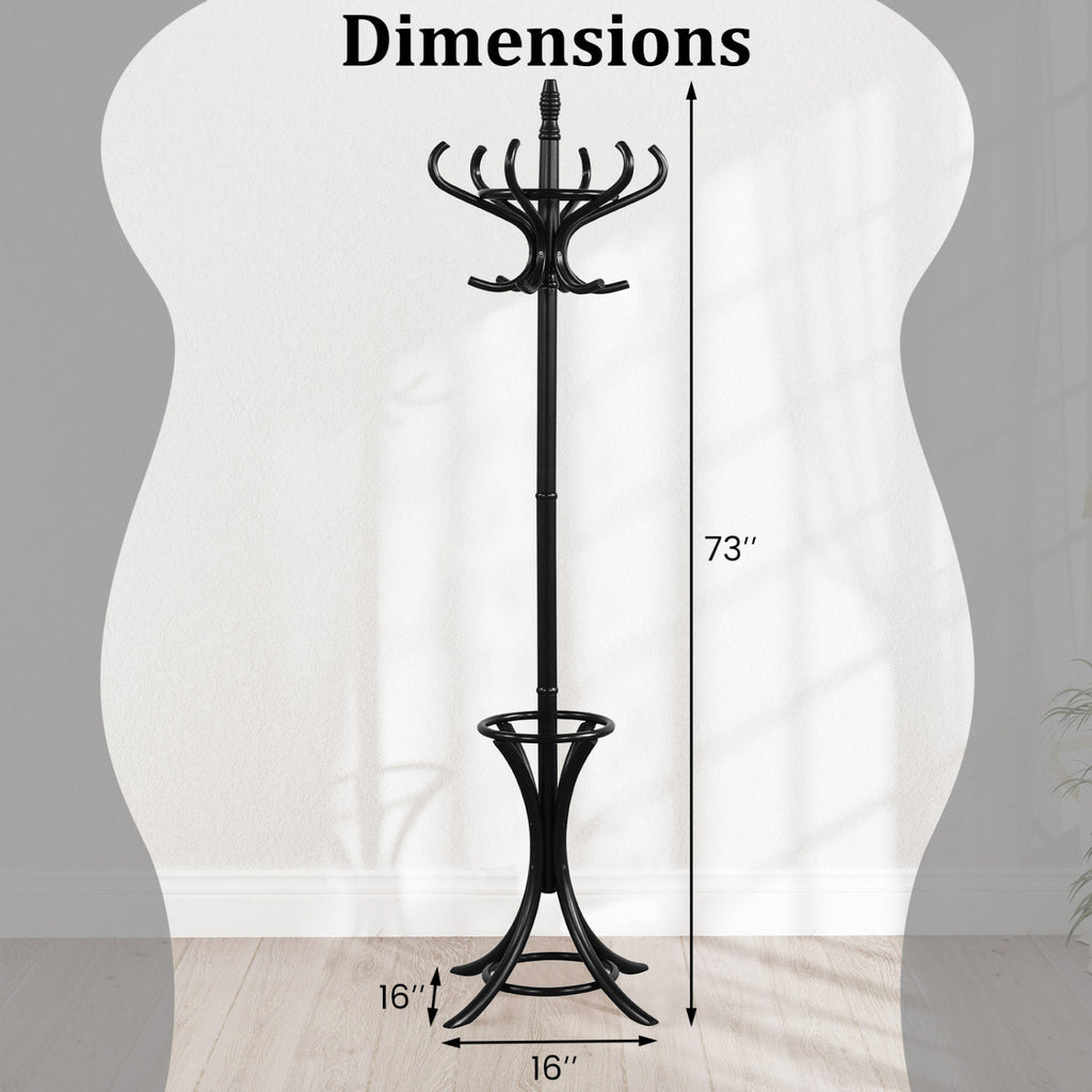 Wooden Coat Tree with 12 Hooks & Umbrella Stand - Black