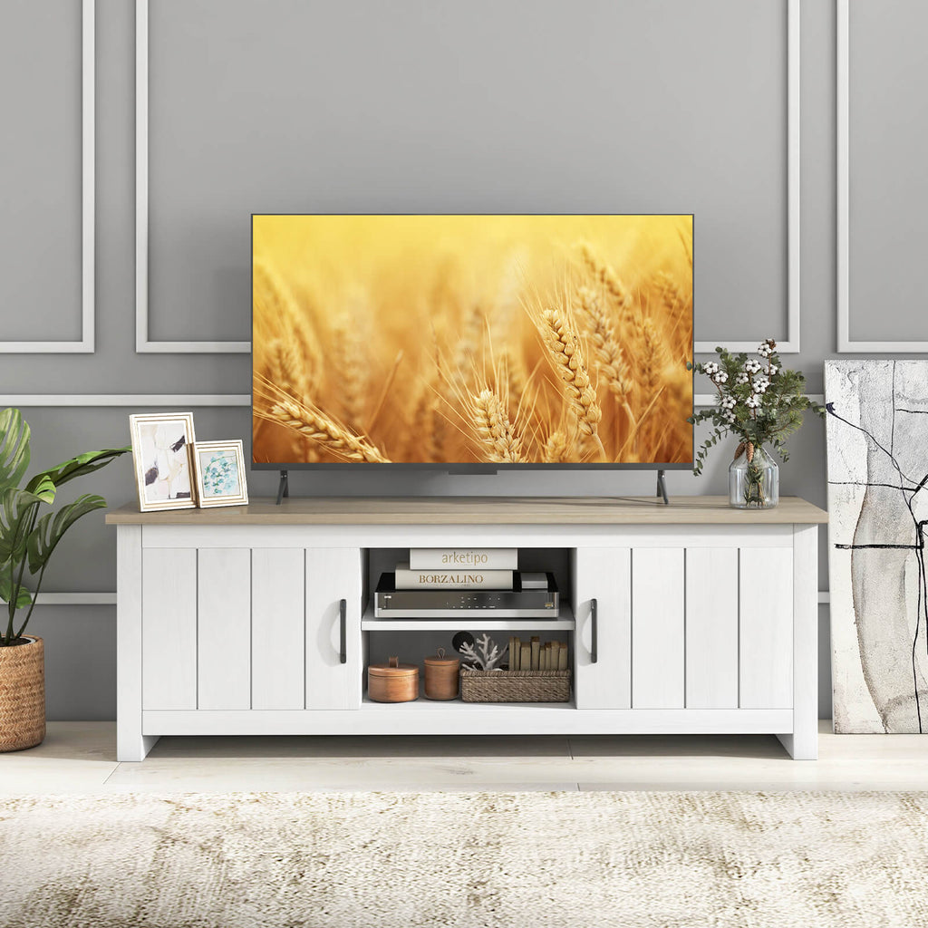 Wood TV Stand with 2 Cabinets & Open Shelves – 65 Inch, Natural