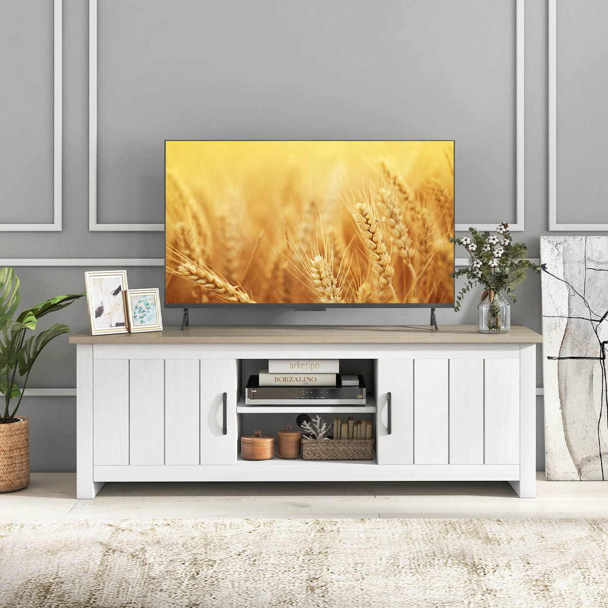 Wood TV Stand with 2 Cabinets & Open Shelves – 65 Inch, Natural