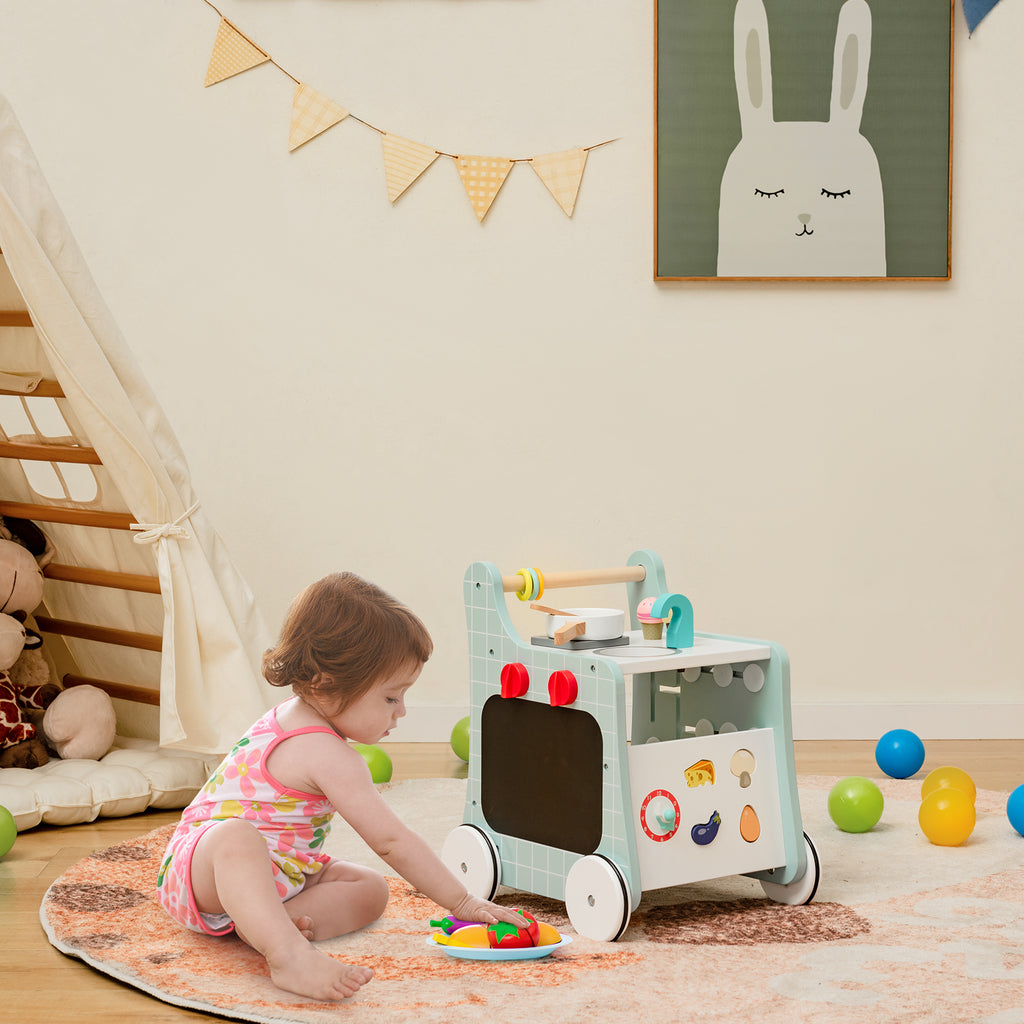 6-in-1 Wooden Baby Walker with Play Kitchen - Blue, Toddler Gift