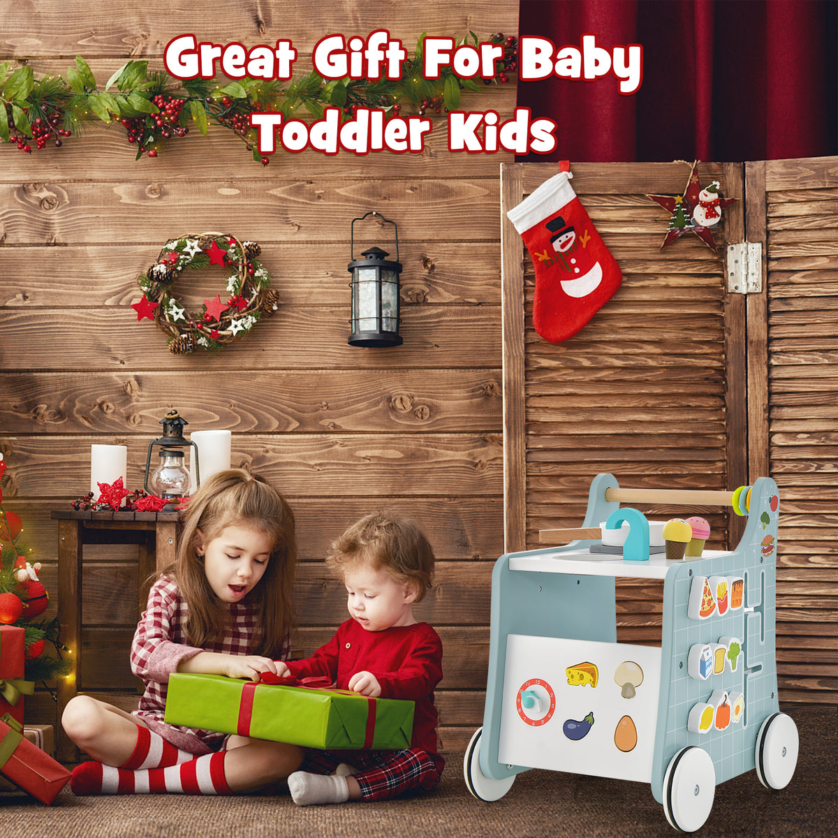 6-in-1 Wooden Baby Walker with Play Kitchen - Blue, Toddler Gift